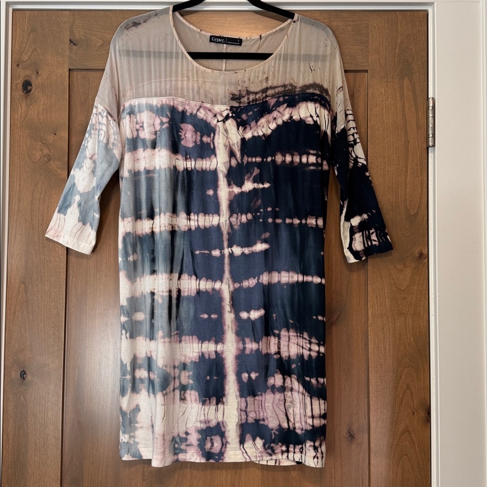 Gypsy Made in Hollywood Tie Dye Blue Pink Blouse Top Womens S Mixed Media Silk